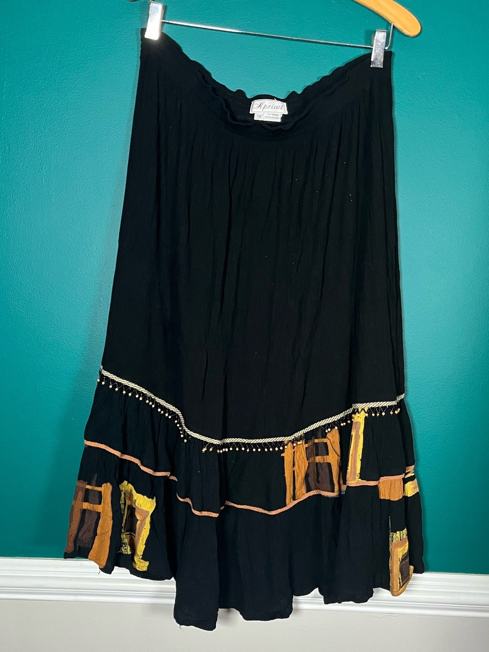 Vintage boho Black Midi Skirt with Gold Trim and Painted Accents
